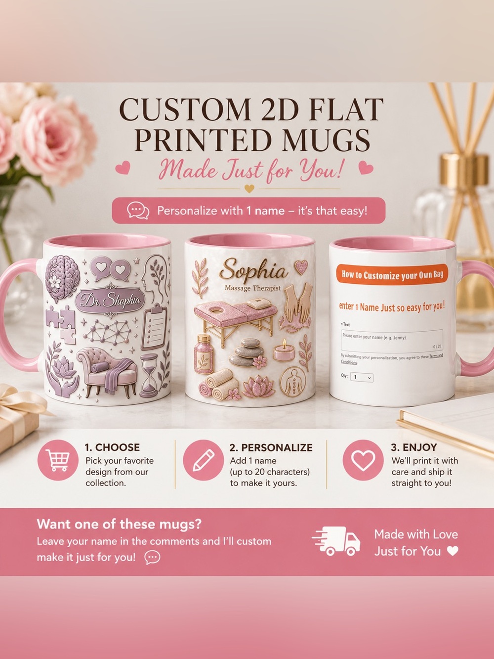 Personalized Pink Custom 2D Printed Coffee Mug - Spa Design ✨ Custom Personalize